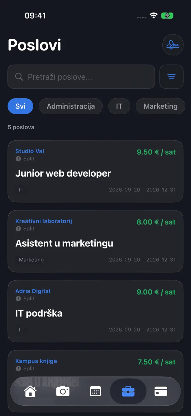 Zaslon Poslovi s oglasima za studente