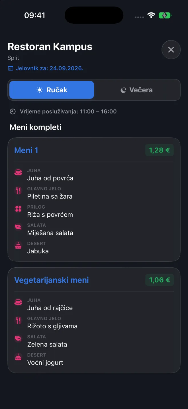 Zaslon jelovnika menze za ručak