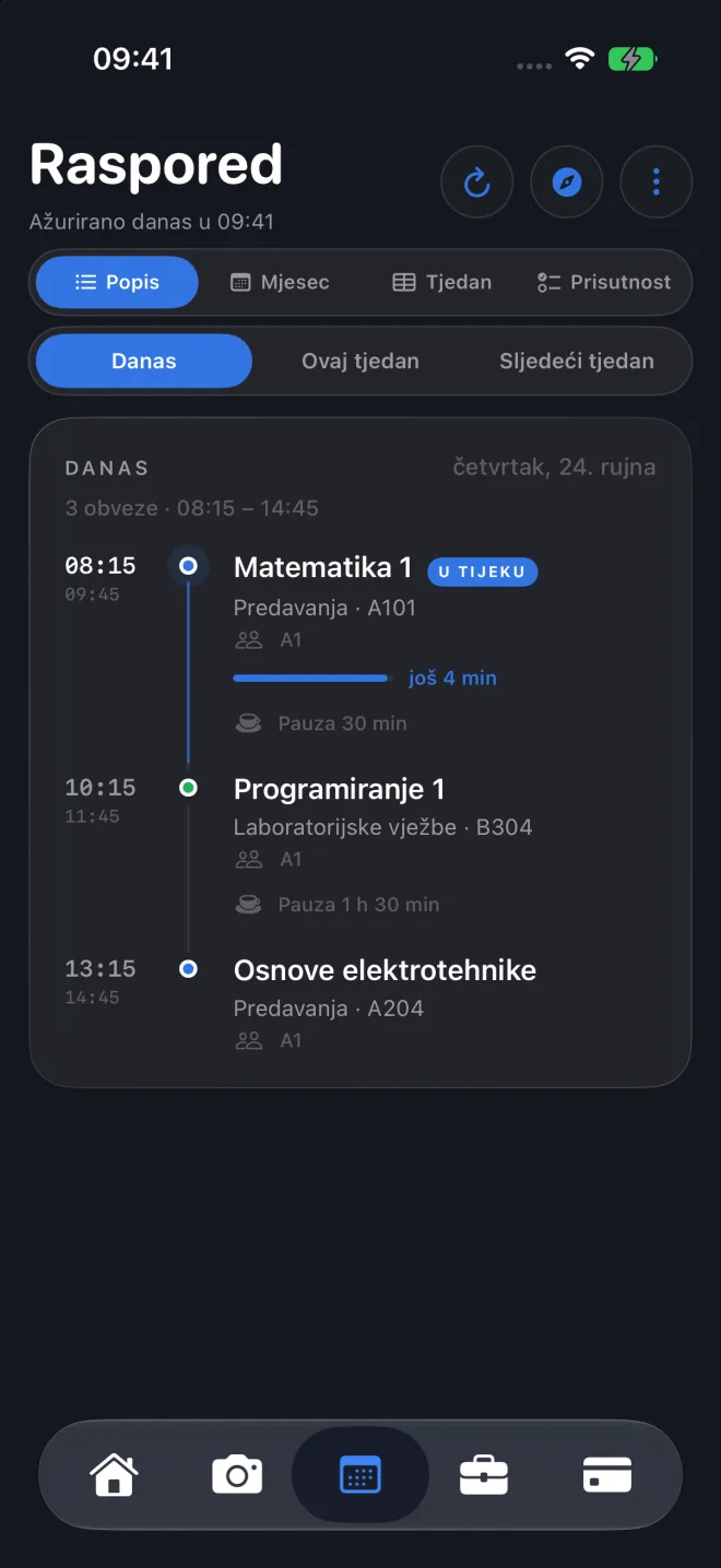 Zaslon Raspored s današnjim predavanjima