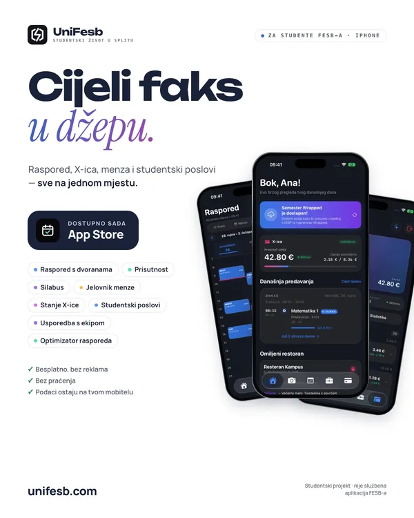 Svijetli plakat UniFesb: „Cijeli faks u džepu.”, popis značajki i tri iPhonea