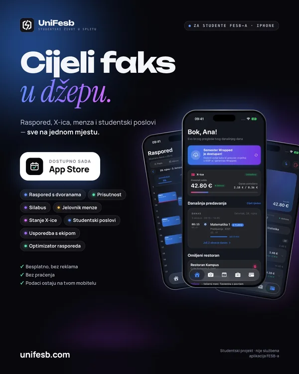 Tamni plakat UniFesb: „Cijeli faks u džepu.”, popis značajki i tri iPhonea