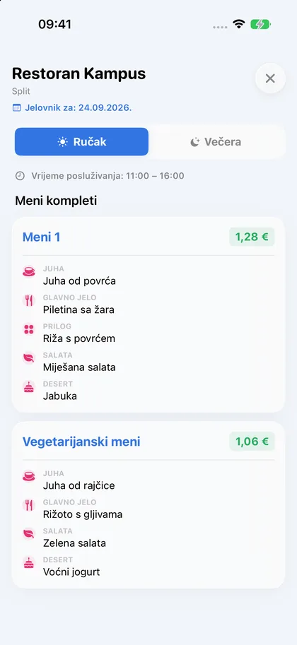 Jelovnik menze u svijetloj temi