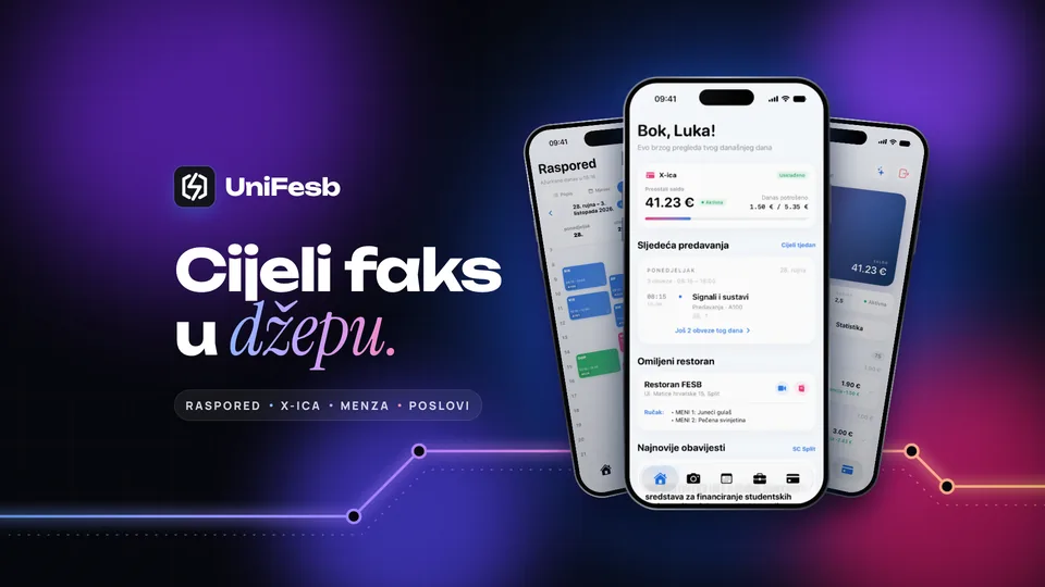 Ključni vizual: logotip UniFesb, naslov „Cijeli faks u džepu.” i tri iPhonea